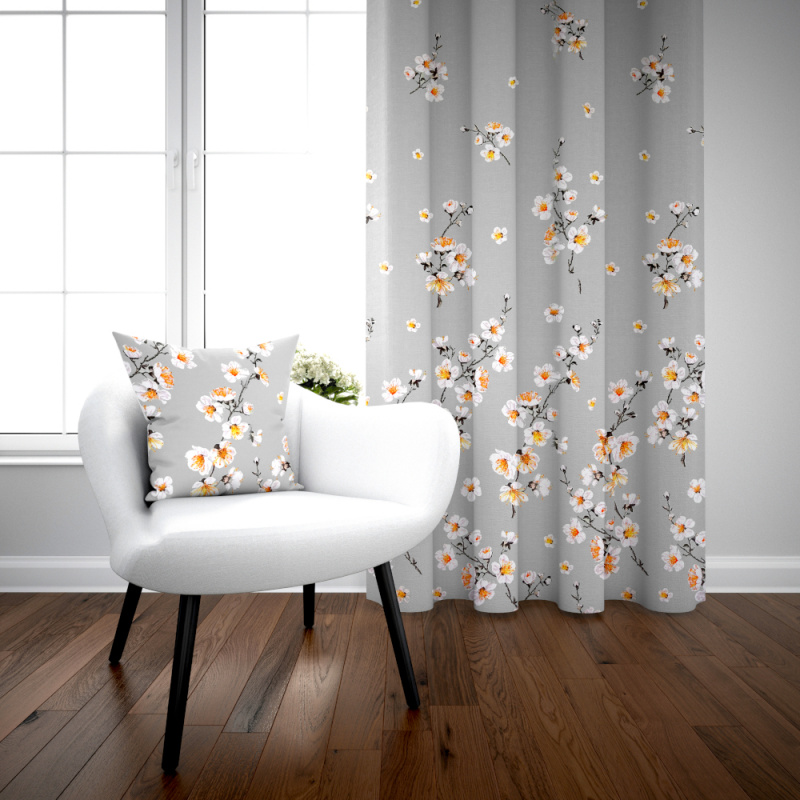 Ervi bavlněný závěs - květ jabloně na šedém