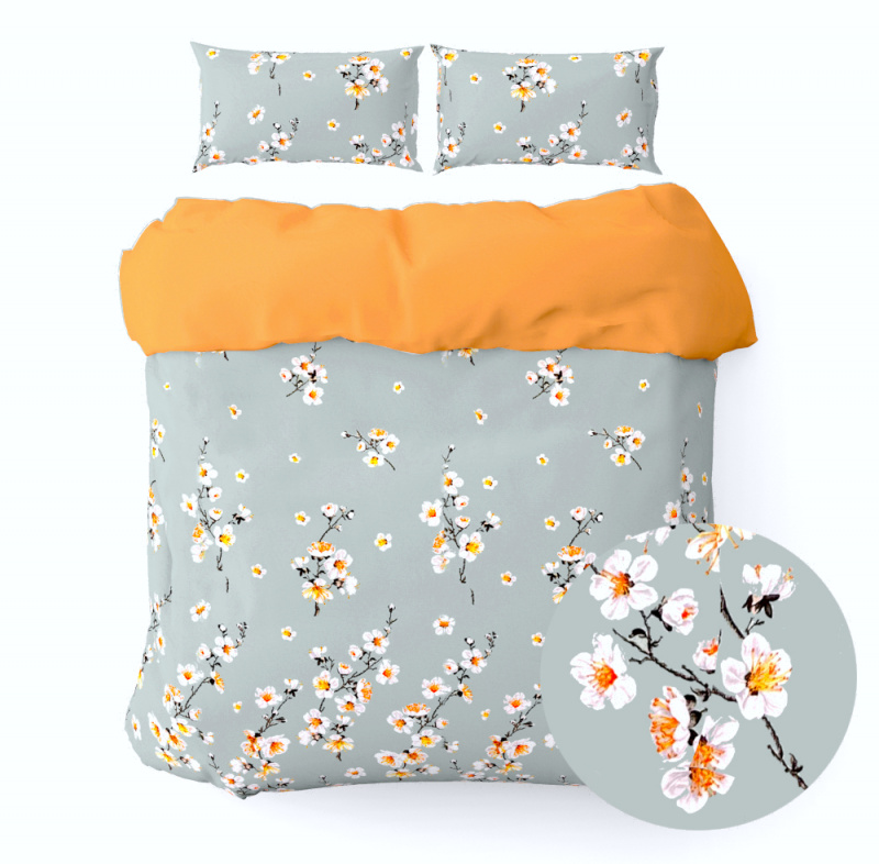 Ervi bavlněné povlečení oboustranné - květ jabloně na šedém/oranžové