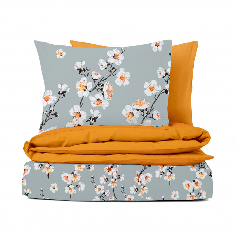 Ervi bavlněné povlečení oboustranné - květ jabloně na šedém/oranžové