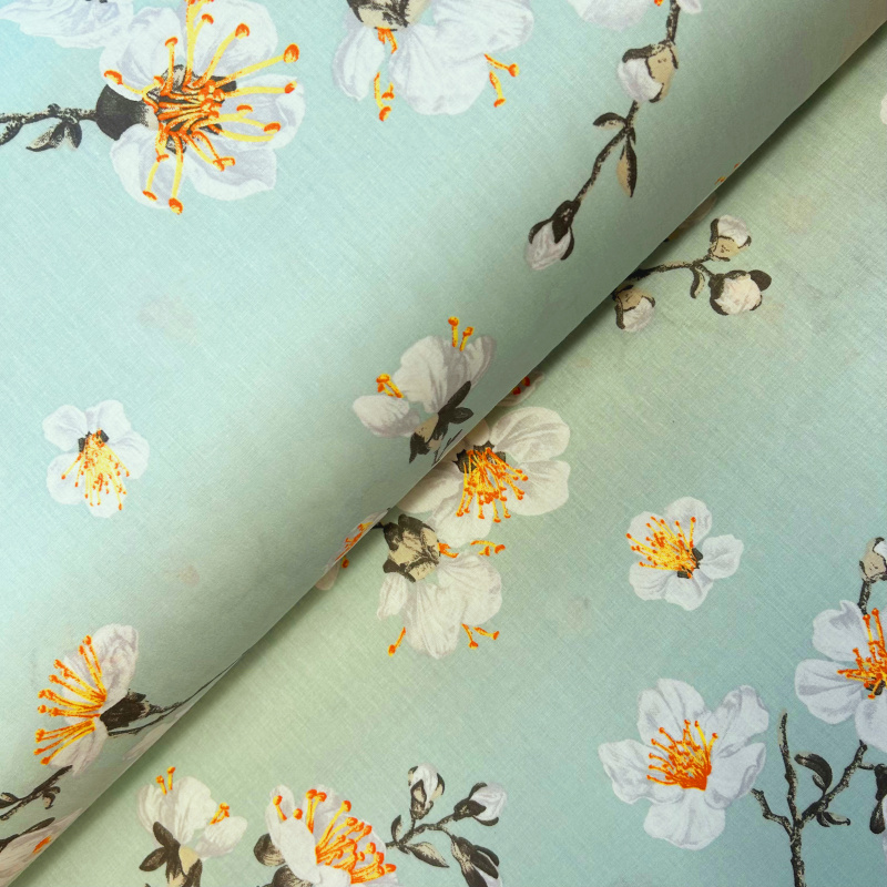 Ervi Bavlněná látka/plátno š.240cm - květ jabloně na zeleném  - 25731-1, metráž