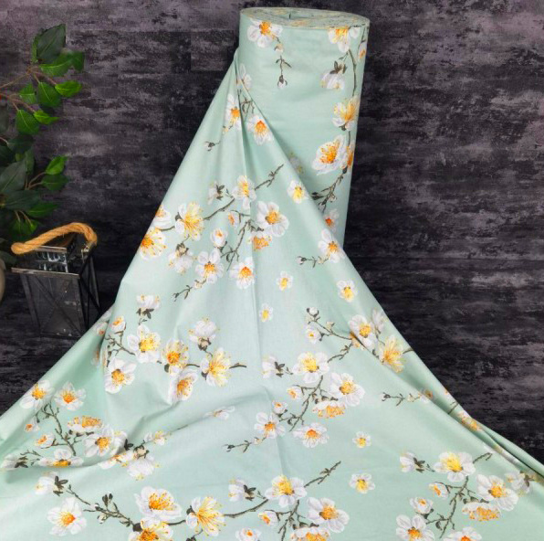 Ervi Bavlněná látka/plátno š.240cm - květ jabloně na zeleném  - 25731-1, metráž