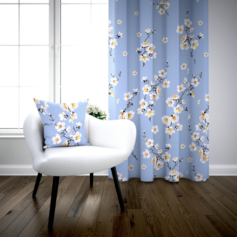 Ervi bavlněný závěs -  květ jabloně na modrém