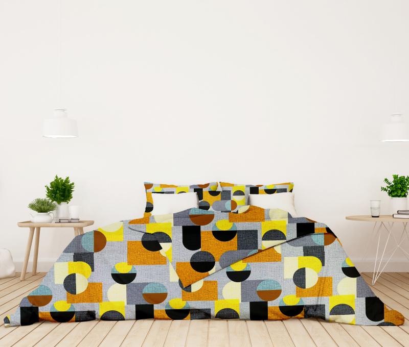 Ervi bavlněné KREPOVÉ povlečení -  geometrické obrazce hnědé/žluté