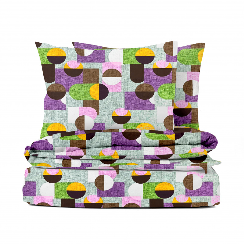 Ervi bavlněné KREPOVÉ povlečení -  geometrické obrazce fialové/zelené