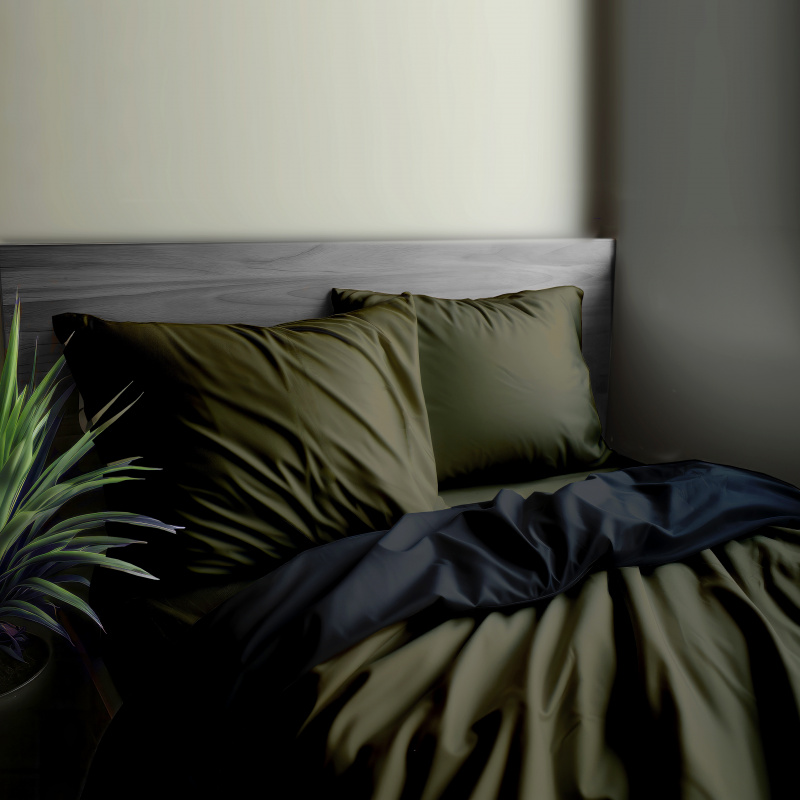Ervi Luxsusní saténové oboustranné bavlněné povlečení Olivové/černé