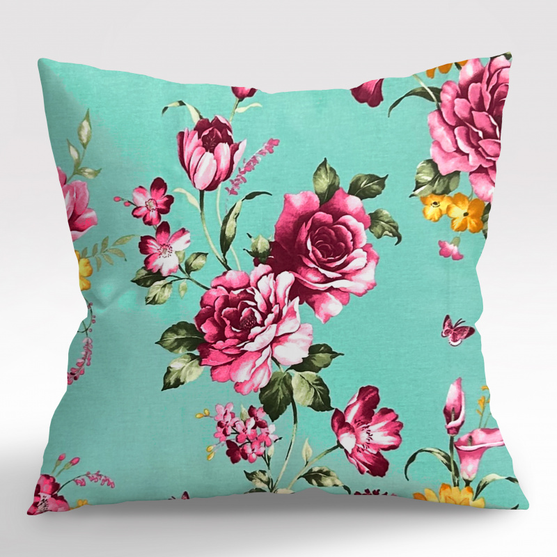 Ervi povlak na polštář - Růžové květy na tyrkysovém