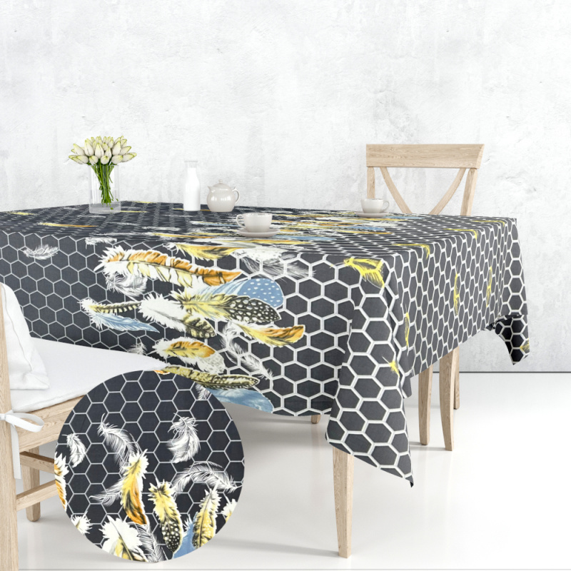 Ervi bavlněný ubrus na stůl obdélníkový - peří na šedém