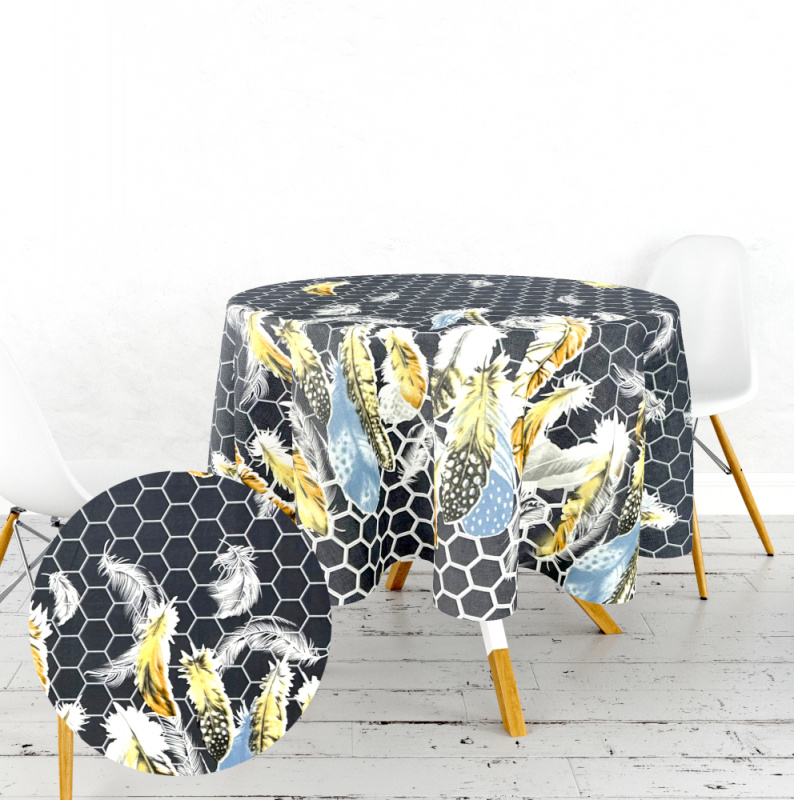 Ervi bavlněný ubrus na stůl kulatý - peří na šedém