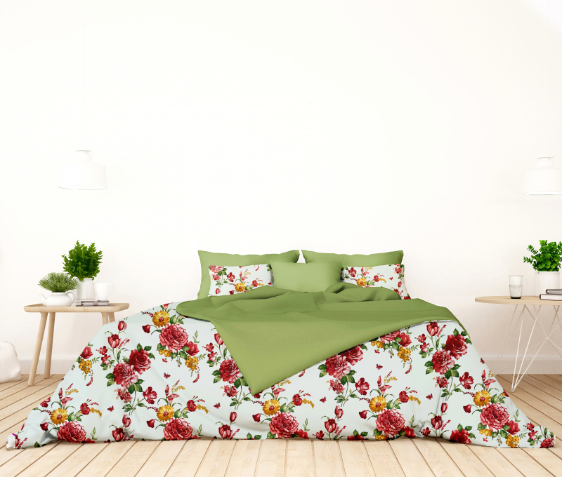 Ervi bavlněné povlečení oboustranné - Červené a žluté květy/zelené