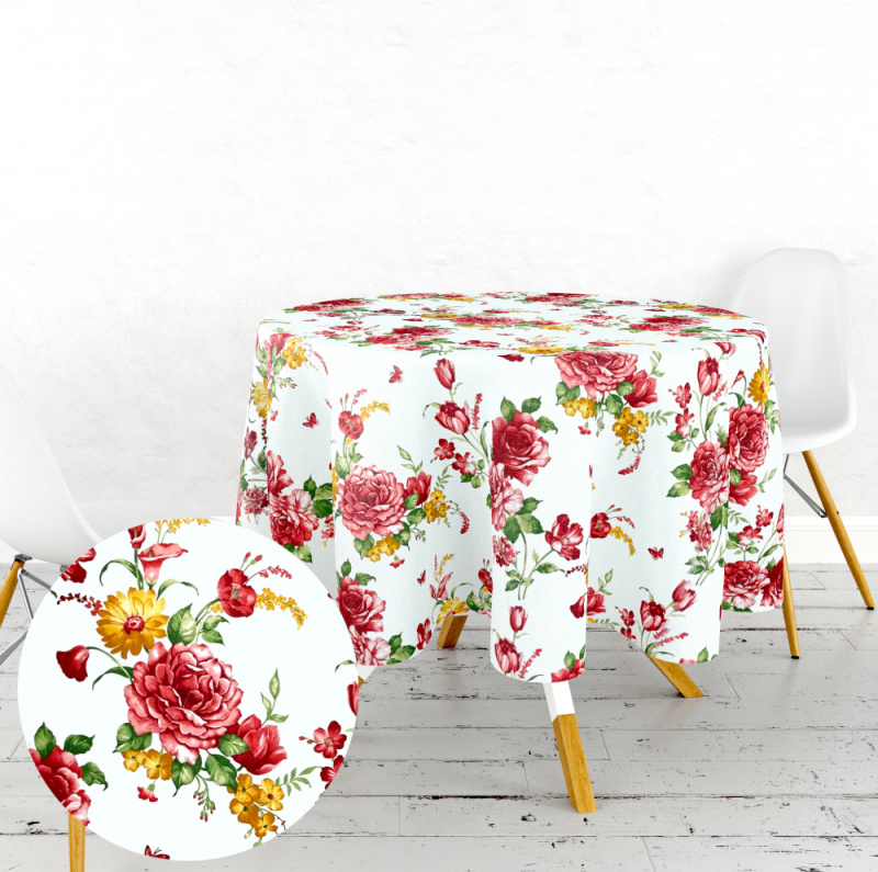 Ervi bavlněný ubrus na stůl kulatý - Červené a žluté květy