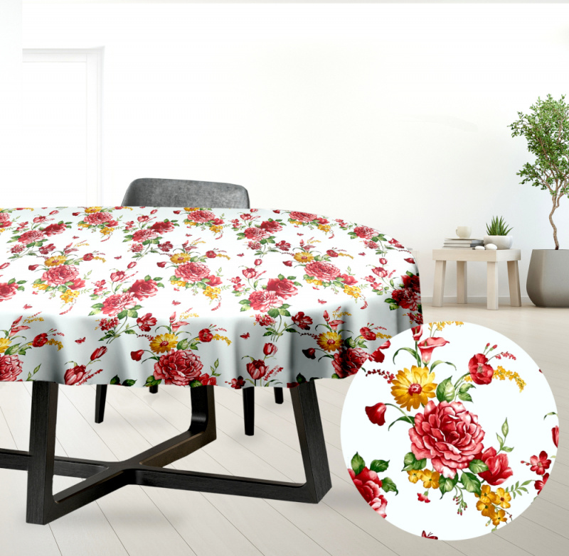 Ervi bavlněný ubrus na stůl oválný - Červené a žluté květy