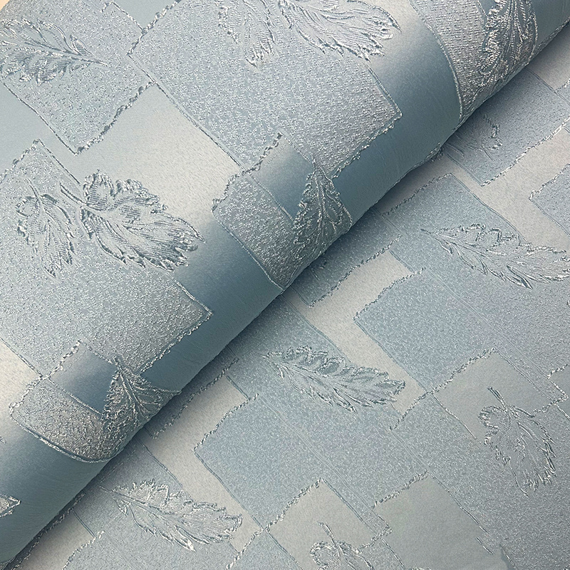 Dekorační látka Estella listy světle modrá do šedá - šířka 160 cm, metráž