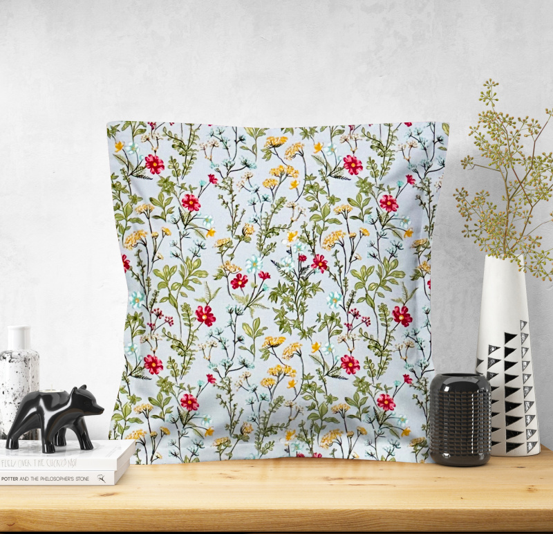 Ervi povlak na polštář bavlněný s lemem - Polní květy na šedém