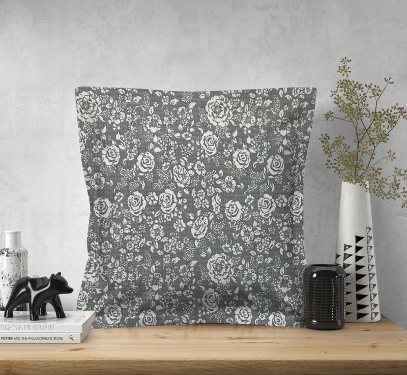 Ervi povlak na polštář KREPOVÝ bavlněný s lemem - Květy na šedém