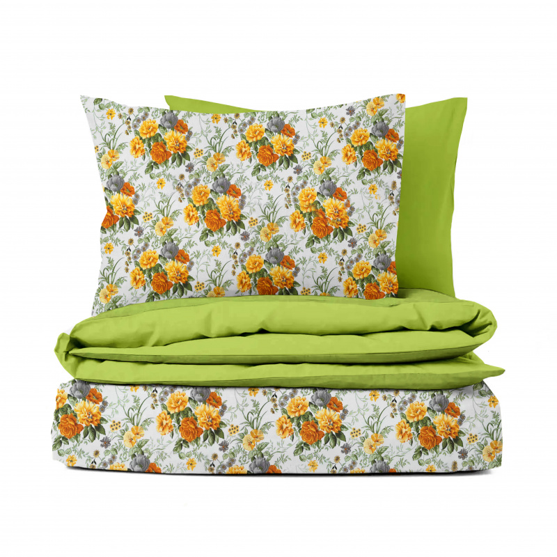 Ervi bavlněné povlečení oboustranné - žluté a šedé květy/světle zelený