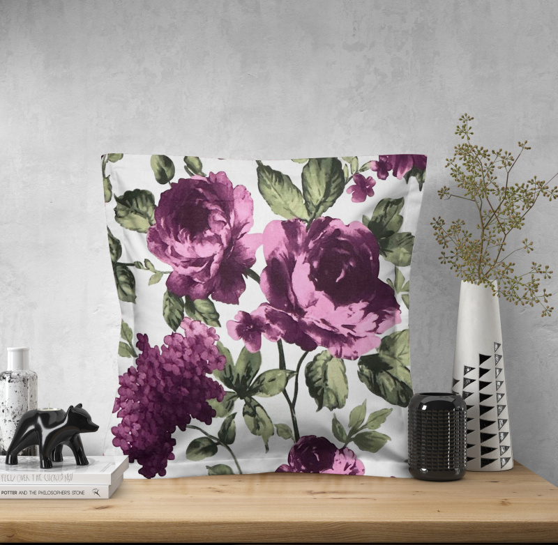 Ervi povlak na polštář bavlněný s lemem - fialové hortenzie a pivoňky