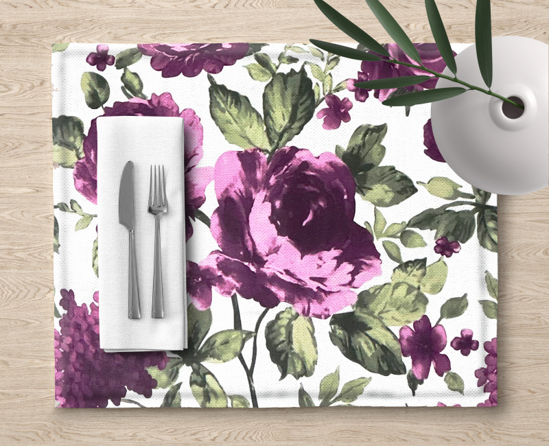 Ervi bavlněné prostírání na stůl - fialové hortenzie a pivoňky