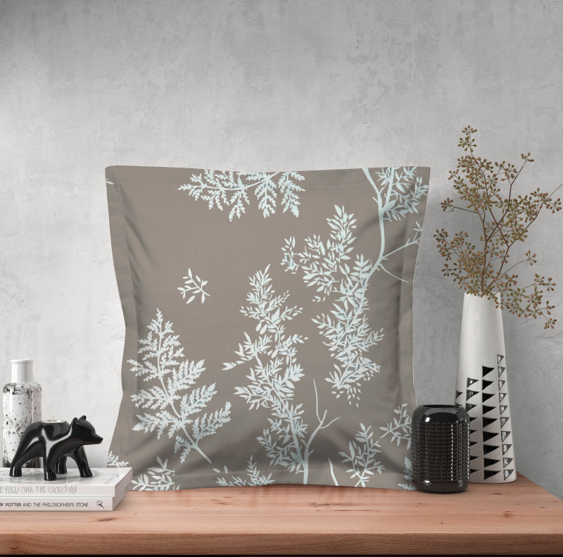 Ervi povlak na polštář bavlněný s lemem - bílé větvičky na hnědém