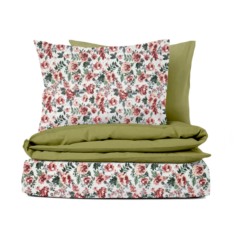 Ervi bavlněné povlečení oboustranné - Kvetoucí růže červené/olivové