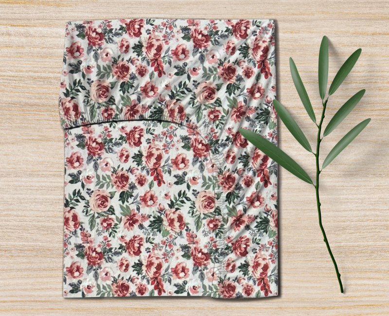 Ervi bavlněné napínací prostěradlo - Kvetoucí růže červené
