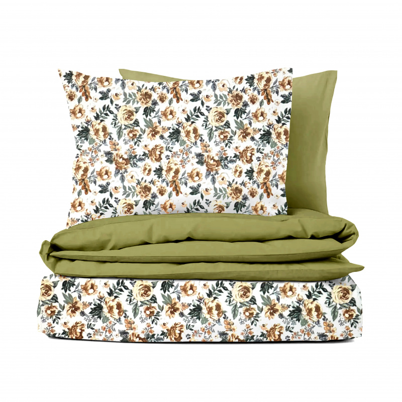 Ervi bavlněné povlečení oboustranné - Kvetoucí růže /olivové