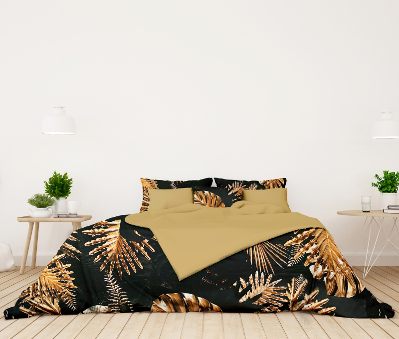 Ervi Bavlněné Saténové povlečení DELUXE DUO - Monstera na černém/zlaté
