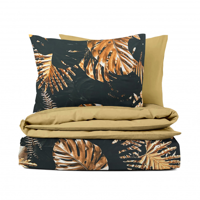 Ervi Bavlněné Saténové povlečení DELUXE DUO - Monstera na černém/zlaté
