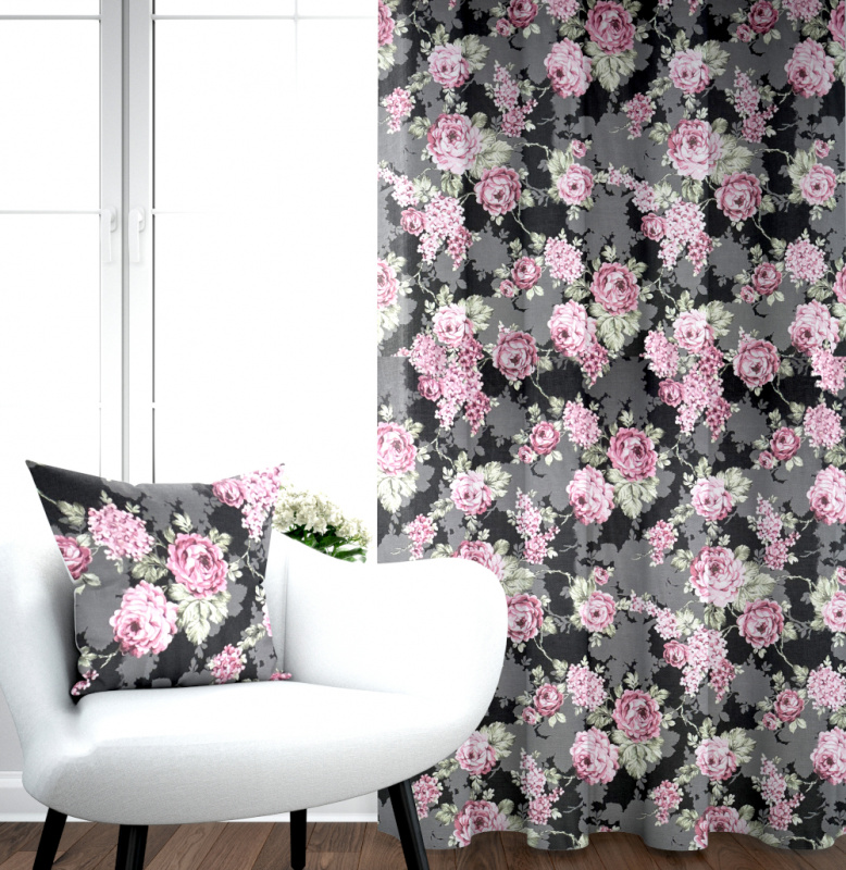 Ervi bavlněný závěs - Květy na černém