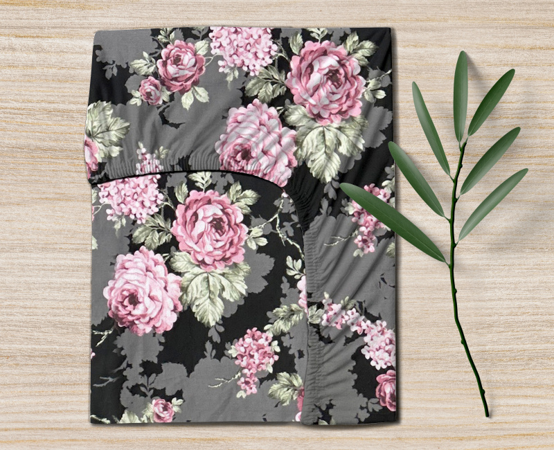 Ervi bavlněné napínací prostěradlo - Květy na černém