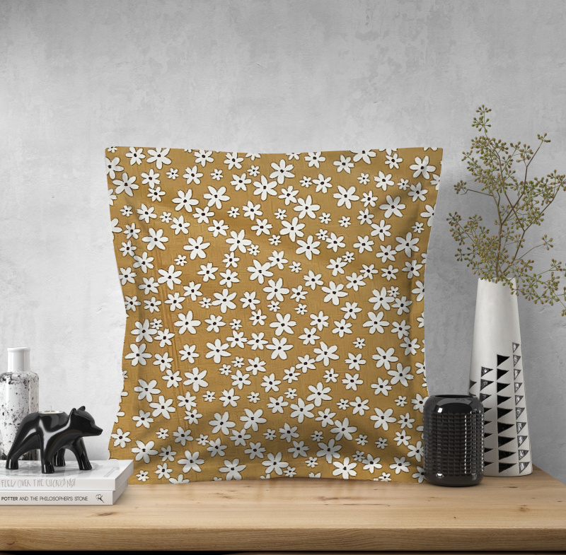 Ervi povlak na polštář bavlněný s lemem - květy na hořčici