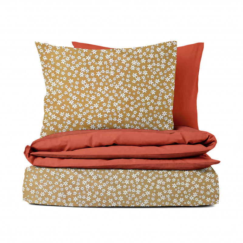 Ervi bavlněné povlečení oboustranné - květy na hořčici/oranžové
