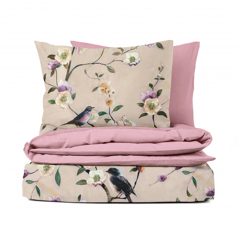 Ervi Bavlněné Saténové povlečení DELUXE DUO - Ptáček/růžové
