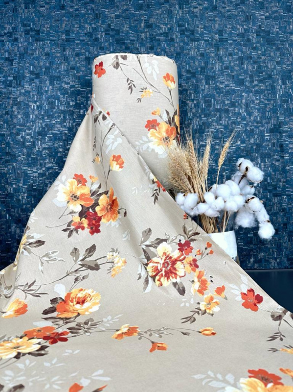 Ervi Bavlněná látka/plátno š.240cm - oranžové květy na béžovém č.26755-9, metráž