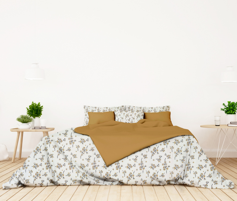 Ervi bavlněné povlečení oboustranné - Třešňový květ na bílém/hořčice