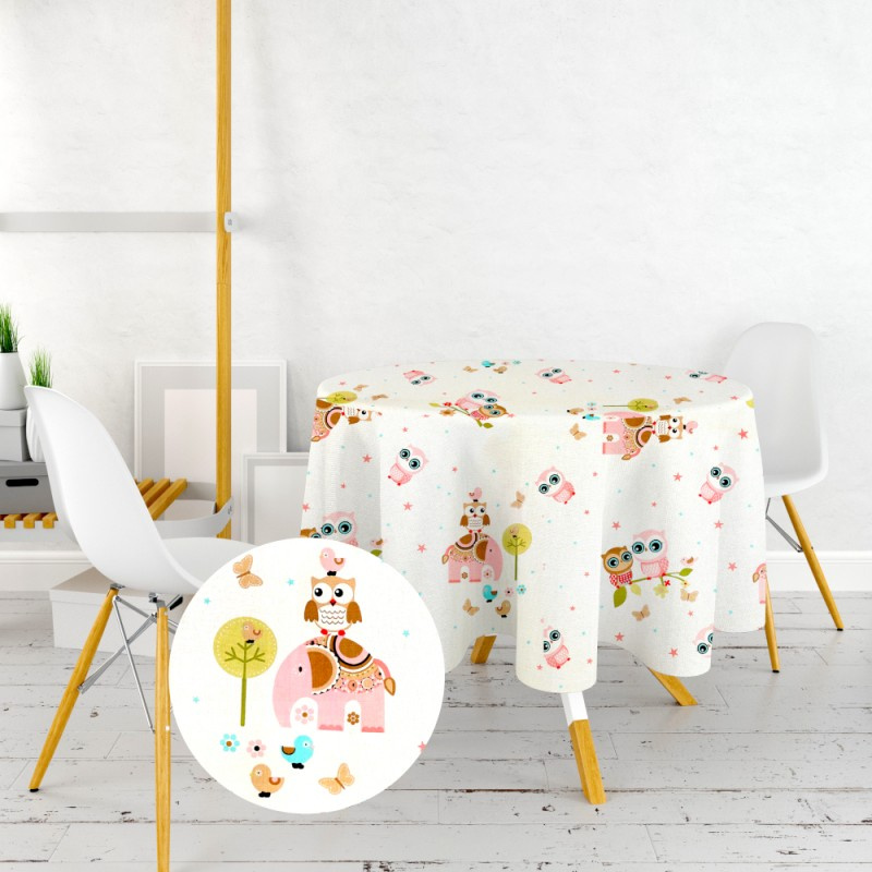Ervi bavlněný ubrus na stůl kulatý - sovičky a sloni