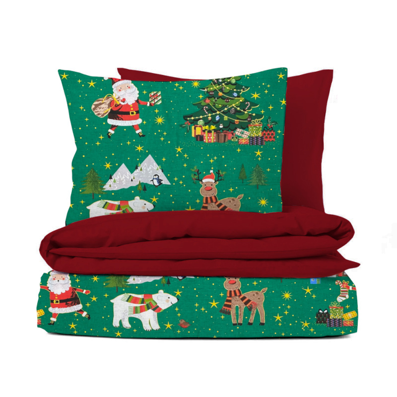Ervi bavlněné povlečení oboustranné Vánoční vzor zelený/bordo