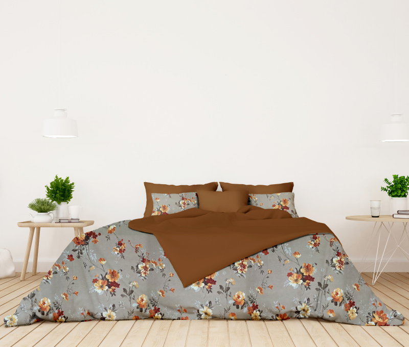 Ervi bavlněné povlečení oboustranné - oranžové květy na béžovém/hnědé