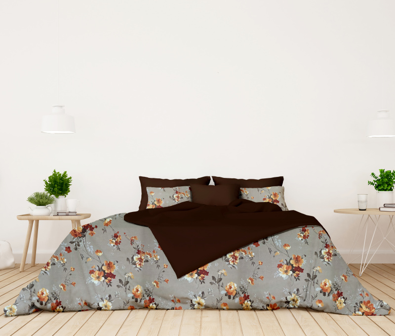 Ervi bavlněné povlečení oboustranné - oranžové květy na béžovém/tmavě hnědé