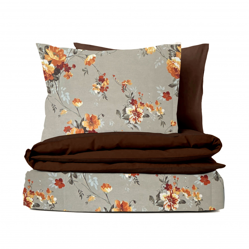 Ervi bavlněné povlečení oboustranné - oranžové květy na béžovém/tmavě hnědé