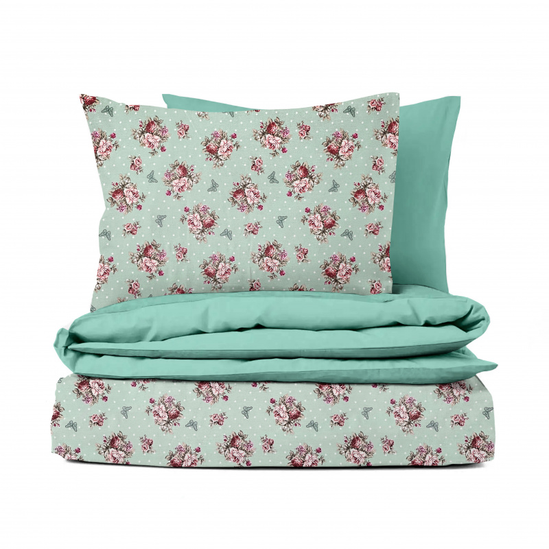 Ervi bavlněné povlečení oboustranné - růže a motýli /tyrkysové