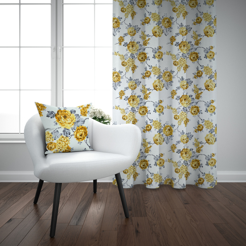 Ervi bavlněný závěs - žluté květy na bílém