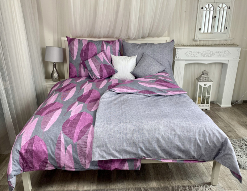 Ervi bavlněné povlečení oboustranné - listy/šedé