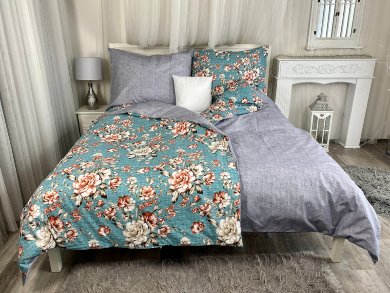 Ervi bavlněné povlečení oboustranné - kvety-na-tyrkysovém/šedé