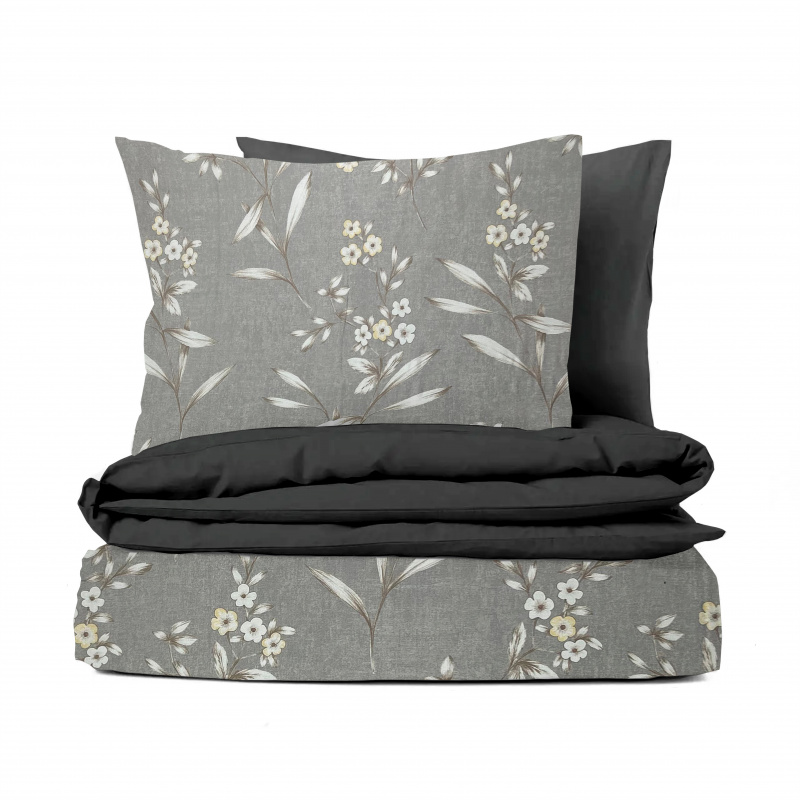 Ervi bavlněné povlečení oboustranné -  květinky na šedém/tmavě šedé