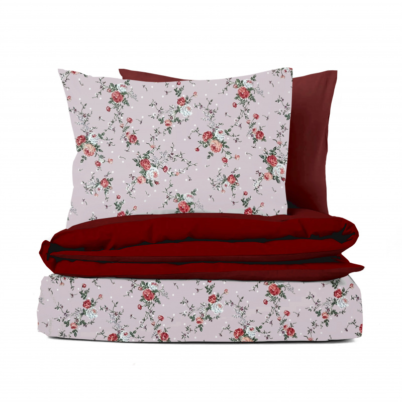 Ervi bavlněné povlečení oboustranné -  růžičky na růžovém/bordo