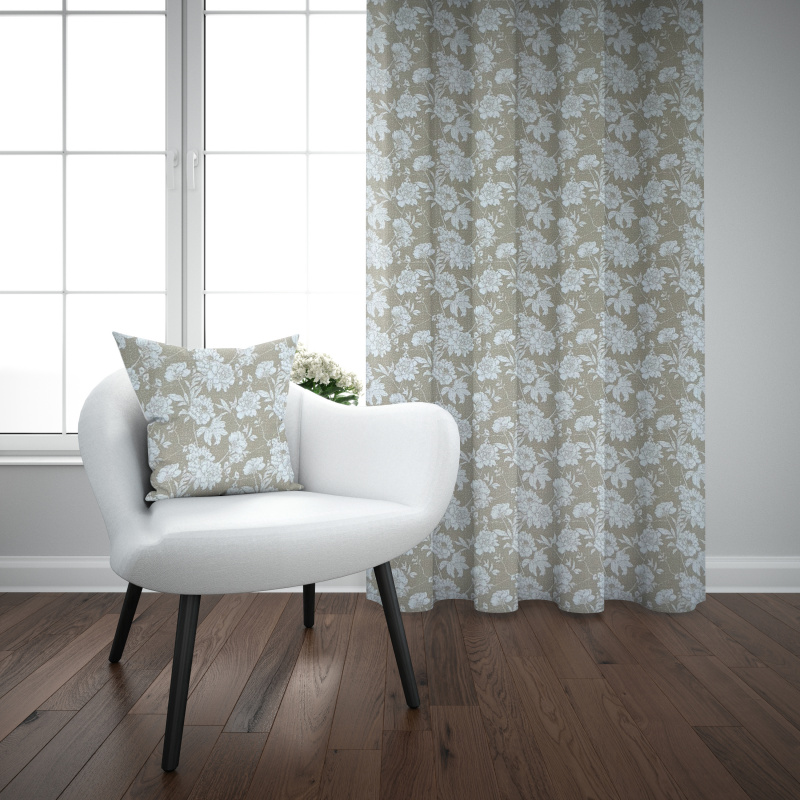 Ervi bavlněný závěs - bílé květy na hnědém