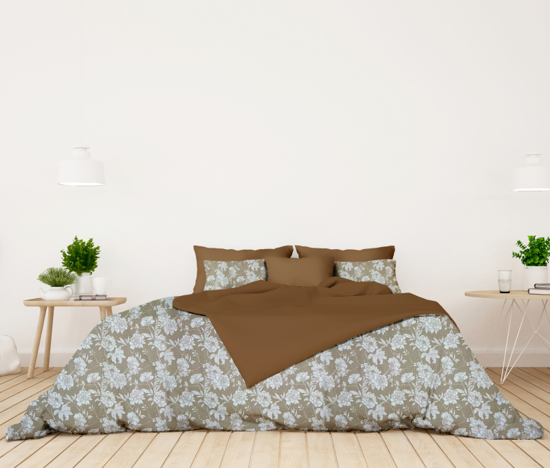 Ervi bavlněné povlečení oboustranné - bílé květy na hnědém/hnědé