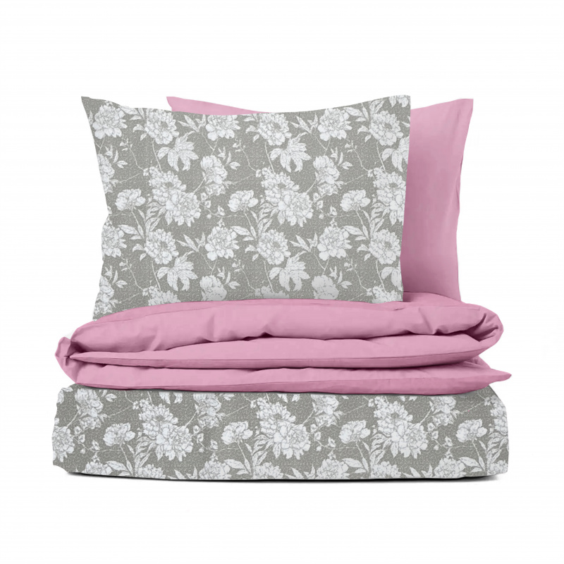 Ervi bavlněné povlečení oboustranné - bílé květy na šedém/růžové
