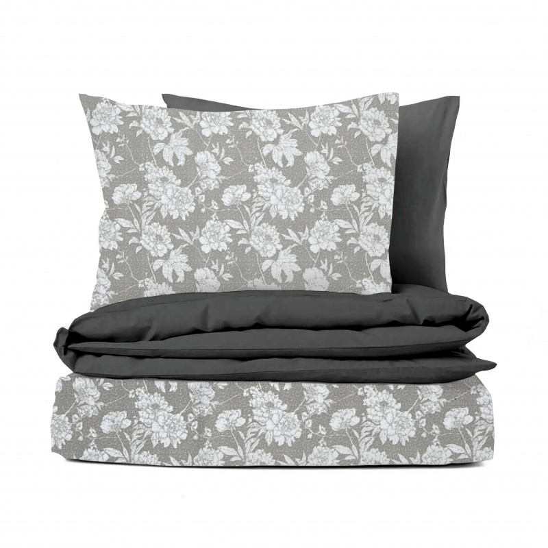 Ervi bavlněné povlečení oboustranné - bílé květy na šedém/černé