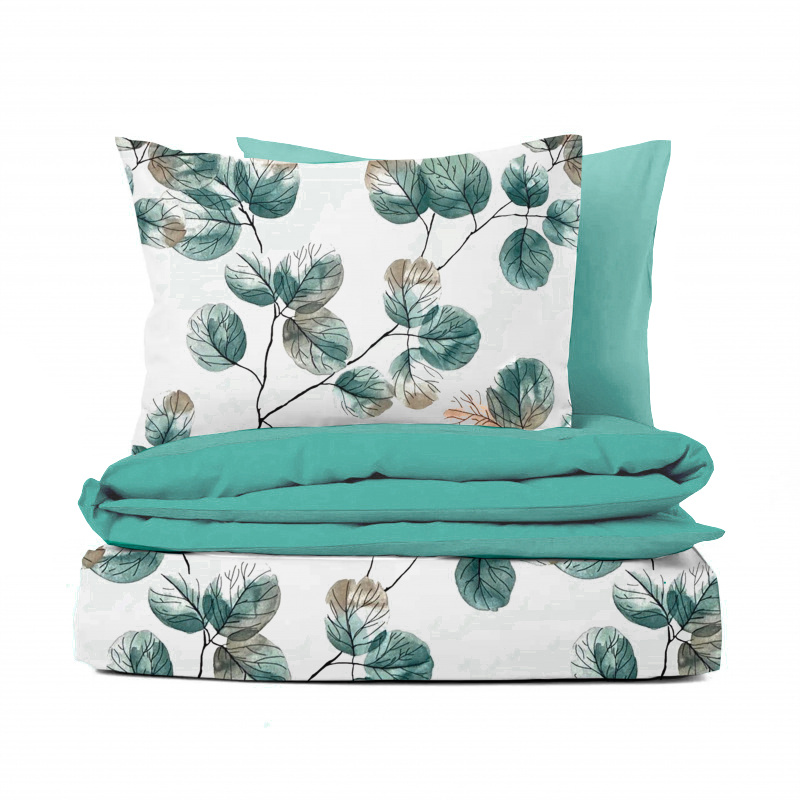Ervi bavlněné povlečení oboustranné - akvarelové zelené listy/akvamarín